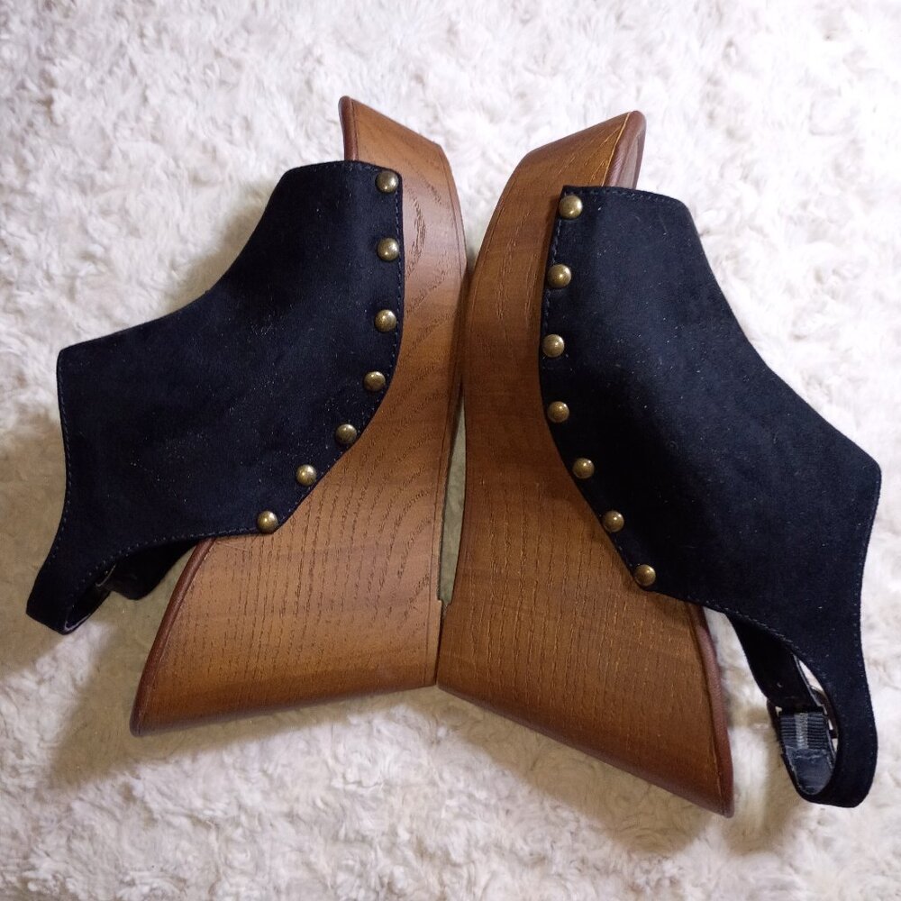 Women's Black Suede Brown High Wedge Shoes with Peep Toe Size 7-1/2